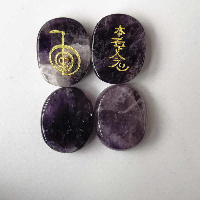 Lovionus89 4 Pcs Amethyst Engraved Chakra Stones Healing Crystal Reiki Balancing Palm Stone, 25mm - BeesActive Australia