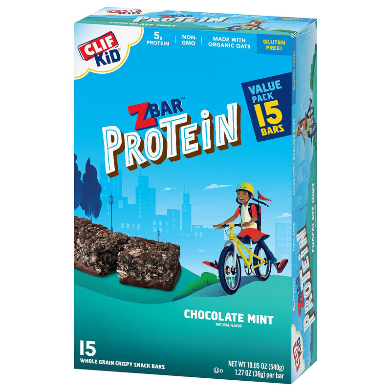 CLIF Kid Zbar Protein - Chocolate Mint - Crispy Whole Grain Snack Bars - Made with Organic Oats - Non-GMO - 5g Protein - 1.27 oz. (15 Pack) - BeesActive Australia