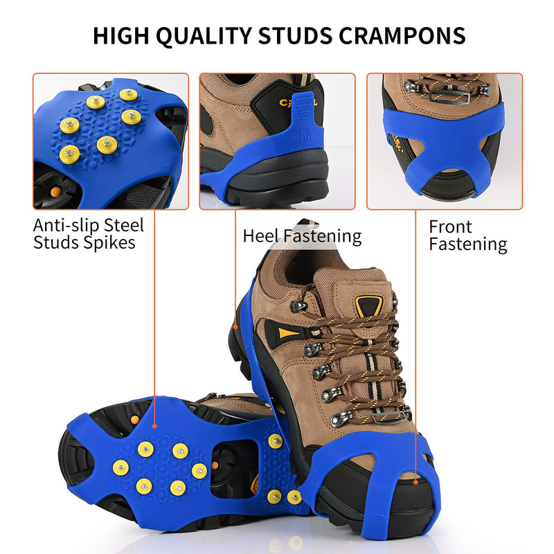 XYZLH Ice Cleats, Ice Grips Traction Cleats Grippers Non-Slip Over Shoe/Boot Rubber Spikes Crampons with 10 Steel Studs Crampons + 10 Extra Replacement Studs Blue Small - BeesActive Australia