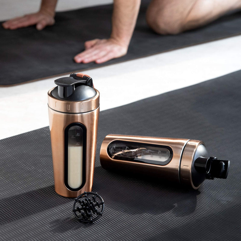 Navaris Stainless Steel Protein Shaker - 750ml Metal Nutrition Protein Fuel Drink Bottle with Mixer Blend Ball - 0.75 Litre Protein Shaker - Copper 750 ml (Pack of 1) Metallic Copper - BeesActive Australia