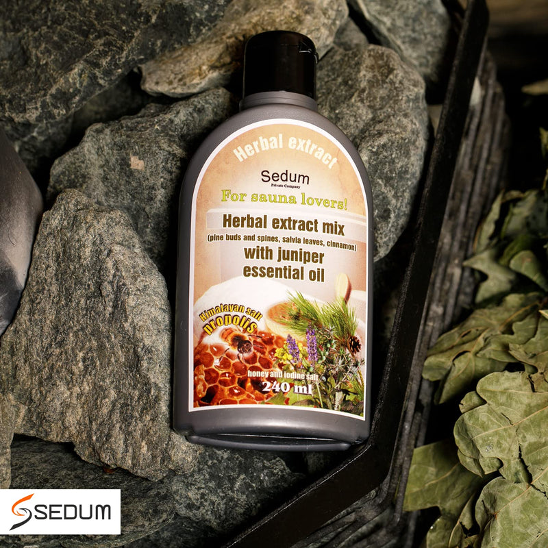 Sedum Natural Herbal Extract for Sauna, Massage, Broom Soaking - Herbal Sauna Extract Mix (Pine Buds and spines, salvia Leaves, Cinnamon) with Juniper Essential Oil, Honey and Iodine Salt - 240ml Pine Buds and Spines, Salvia , Cinnamon, Juniper - BeesActive Australia