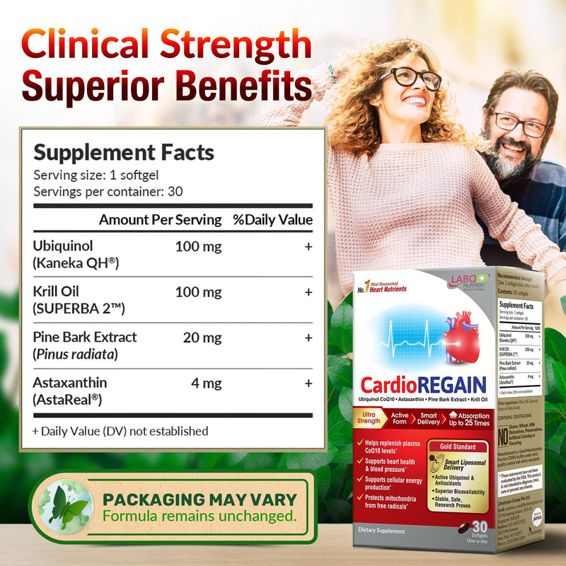 LABO Nutrition CardioREGAIN, Ubiquinol CoQ10 with Kaneka QH 100mg, Pine Bark Extract, Astaxanthin, Heart Health & Cellular Energy. Up to 25x Higher Absorption with Smart Liposomal Delivery, Soy Free - BeesActive Australia
