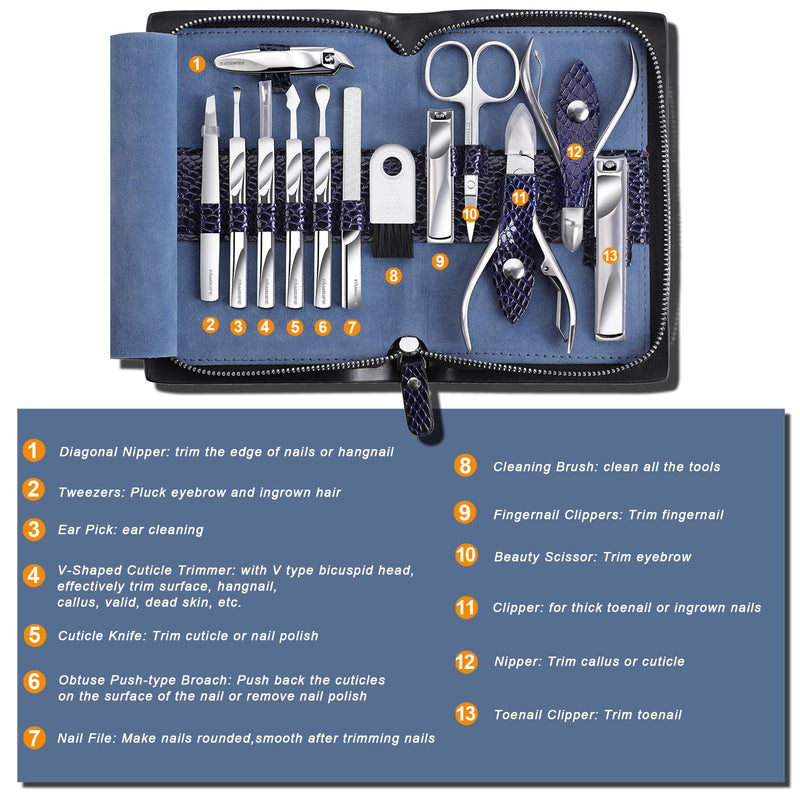 FAMILIFE L11 Manicure Set, 12 in 1 Stainless Steel Nail Clipper Set Professional Manicure Pedicure Set with Portable Travel Case for Women Men A-Dark blue - BeesActive Australia
