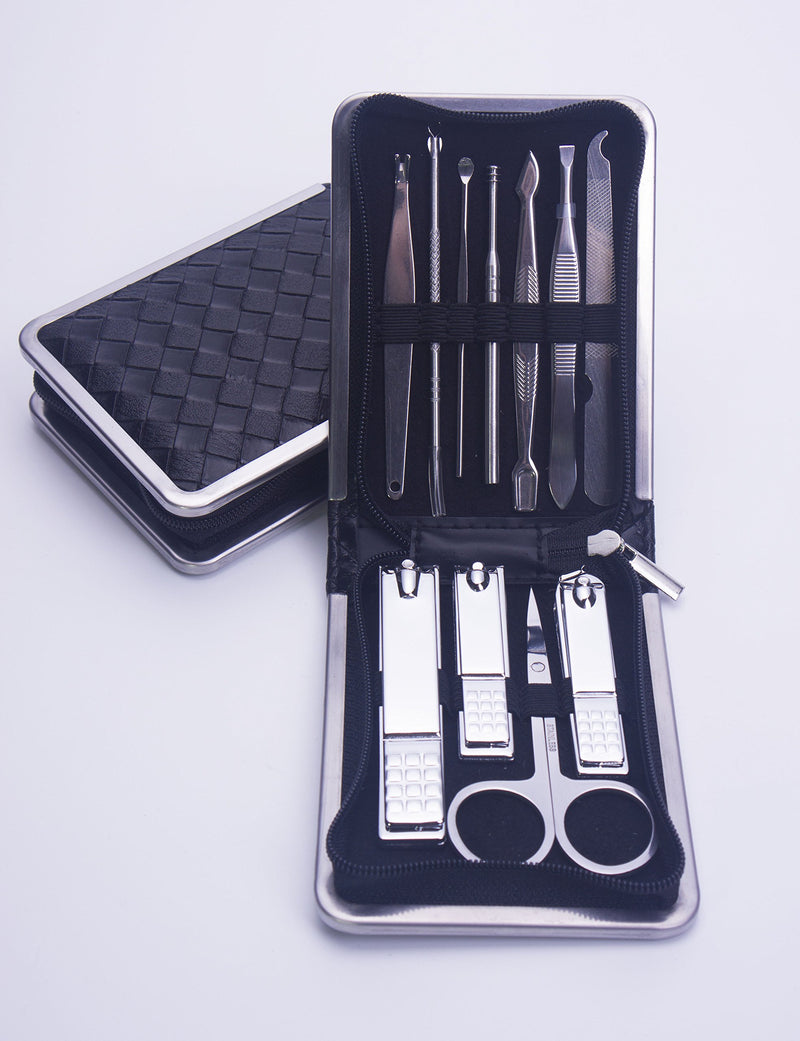 LETB Professional Stainless Steel Sliver Plating Nail Clippers Travel & Grooming Kit Nail Tools Manicure & Pedicure Set of 11pcs with Luxurious Black Color Woven Pattern Zipper Case for Men - BeesActive Australia