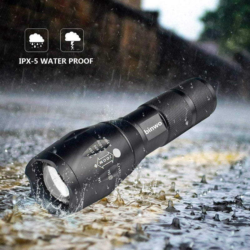 LED Tactical Flashlight, BINWO Super Bright High Lumen XML T6 LED Flashlights Portable Outdoor Water Resistant Torch Light Zoomable Flashlight with 5 Light Modes, 2 Pack Black - BeesActive Australia