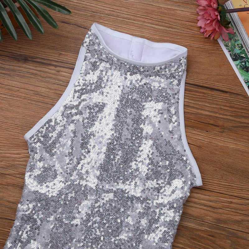 [AUSTRALIA] - easyforever Kids Girl Cheerleading Hip Hop Jazz Dance Outfit Shiny Sequin Camisole Tank Top with Short Wrist-Sleeve Sock 8-10 Silver 