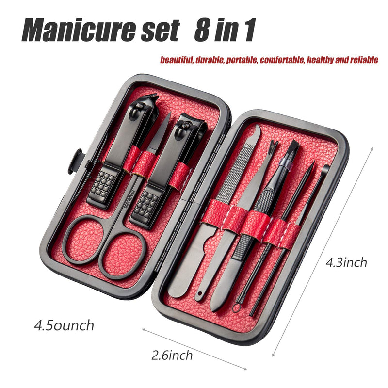 Manicure Set Pedicure Kit Nail Clippers Set 8 in1 High Precision Stainless Steel Cutter File Sharp Scissors for Men & Women Fingernails & Toenails Vibrissac Scissors with Stylish Case (black&red_8in1) 8 IN 1 - BeesActive Australia