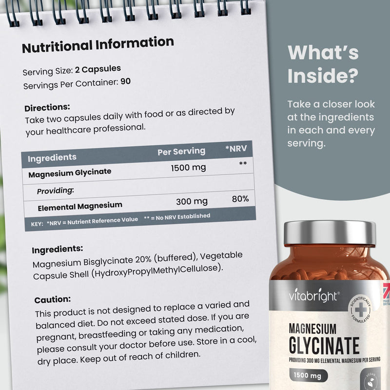 Magnesium Glycinate (Bisglycinate) - 1500mg High Strength - 180 Capsules (3 Month Supply) - Vegan Premium Magnesium Capsules - Providing 300mg Elemental Magnesium Supplement - Made in UK by VitaBright - BeesActive Australia