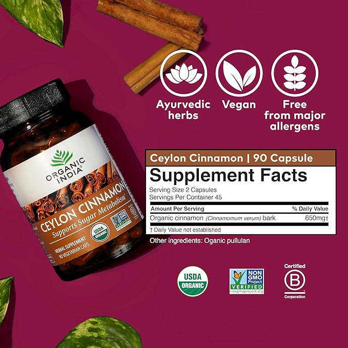 Organic India, Ceylon Cinnamon, 90 Veggie Capsules - BeesActive Australia
