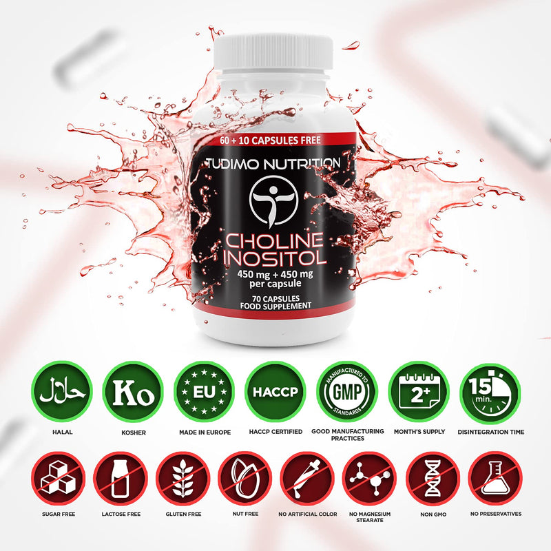 Choline Inositol Capsules - 900mg (450 mg + 450 mg) per Capsule - 70 pcs (2+ Month Supply) of Rapidly Disintegrating Capsules, with 450mg of Cholin Bitartrate and 450mg of Inositol Powder - BeesActive Australia