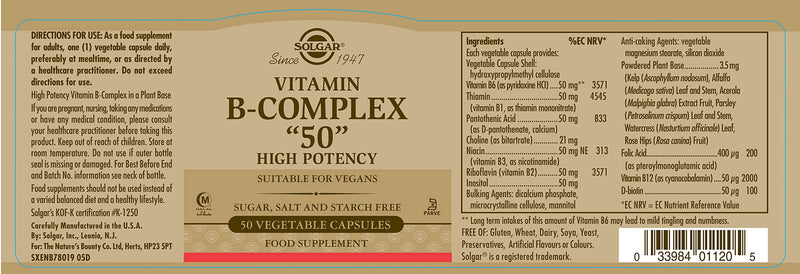 Solgar Vitamin B-Complex ''50'' Vegetable Capsules - Pack of 50 - High Potency Daily Capsule - Supports Mental Performance and Reduces Fatigue - With Thiamine, Riboflavin, Folic Acid - Vegan - BeesActive Australia