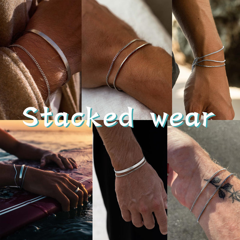 Picuzzy Silver Mens Bracelet, 925 Sterling Silver Bracelets for Men Cuban Box Chain Bracelet Double Bracelet for Women Men 6.5/7/7.5/8/8.5/9 Inches Bracelet Chain Set Men Jewelry Gifts for Dad Boyfriend Husband 6.5in - BeesActive Australia