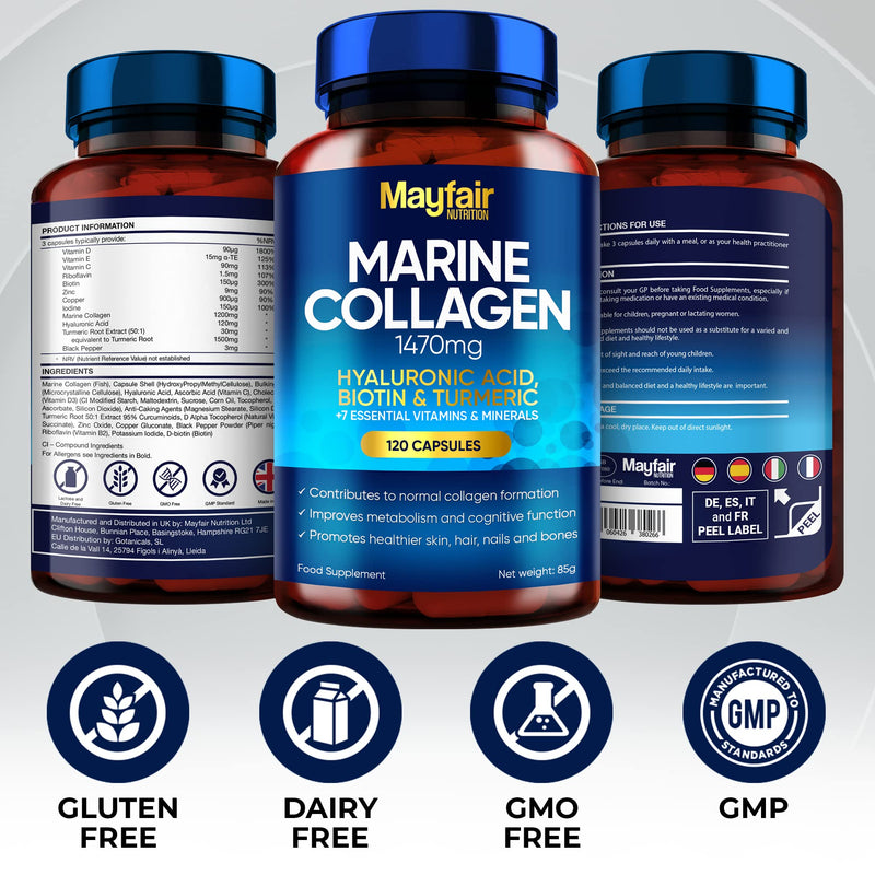 Marine Collagen Tablets - 120 High Strength Capsules - 1470mg Complex with Hyaluronic Acid, Biotin, Turmeric, Vitamin C, E, B2, D3 & 3 Minerals - Hydrolyzed Collagen Supplements for Women - Made in UK 120 Count (Pack of 1) - BeesActive Australia