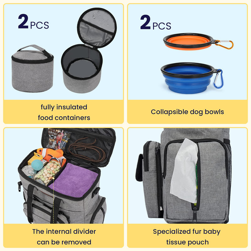 Modoker Dog Travel Bag with Dog Backpack, Airline Approved Pet Travel Bag with Shoulder Strap, 2 Collapsible Dog Bowls, 2 Travel Dog Food Container Grey - BeesActive Australia