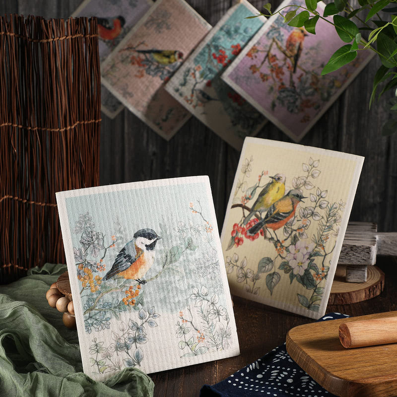 6 Pcs Swedish Kitchen Dish Cloths Kitchen Towels Reusable Sponge Cleaning Cloths Wipes Absorbent Dish Cloth Quick Drying Washable Decorative Tea Towels No Odor Bar Hand Towel (Fine Brushwork Bird) Fine Brushwork Bird - BeesActive Australia