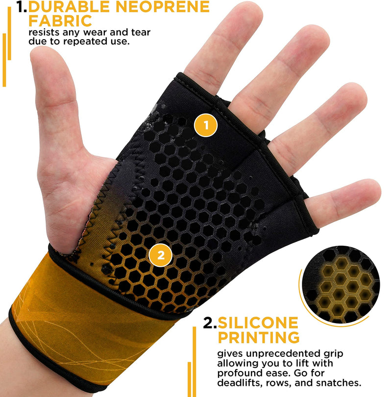 RDX Weight Lifting Gloves Grips Fitness Gym Workout, Long Wrist Support, Ventilated Open Back Anti-Slip Gripper, Strength Training Deadlift HIIT Exercise, Women Men Cycling Climbing Gymnastics Rowing Yellow S/M - BeesActive Australia