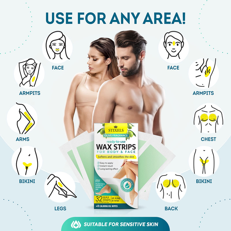 Wax Strips for Hair Removal – 64 Count Waxing Kit for Women & Men with 48 Body Wax Strips, 16 Face Waxing Strips, 16 Oil Wipes – Hair Remover Wax Kit for Face, Legs, Arms, Armpits, Bikini – 2 Pack - BeesActive Australia