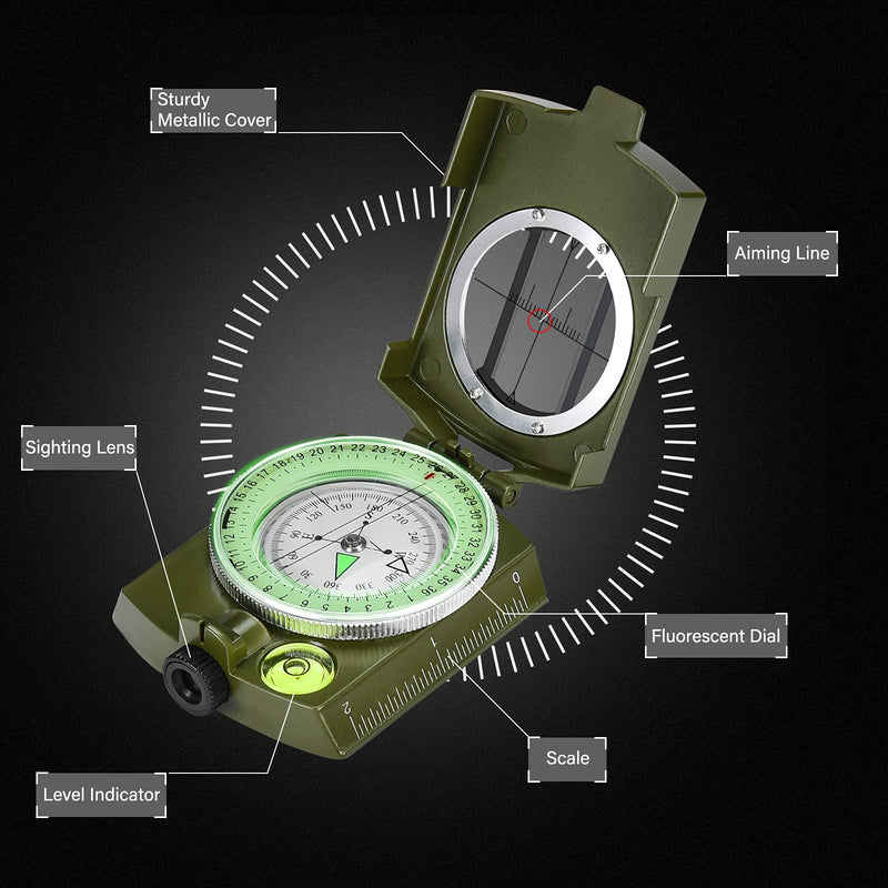 Military Lensatic Sighting Compass Survival with Carrying Bag, Compass for Hiking,Waterproof and Shakeproof, Army Green - BeesActive Australia