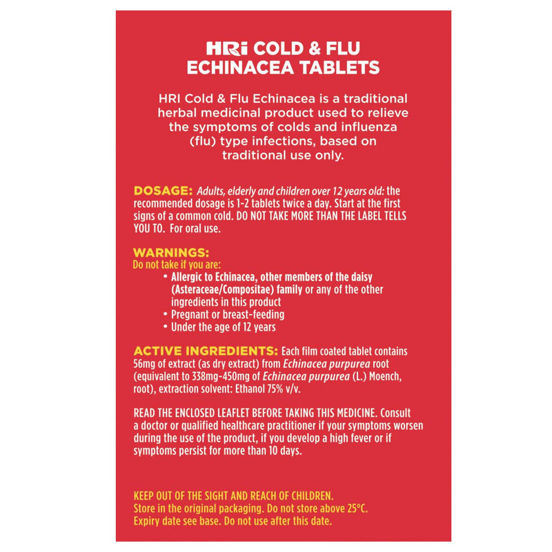 HRI Cold and Flu Tablets - Echinacea Tablets 338 to 450 Milligrams, to Relieve the Symptoms of Cold and Flu, 30 Tablets - BeesActive Australia