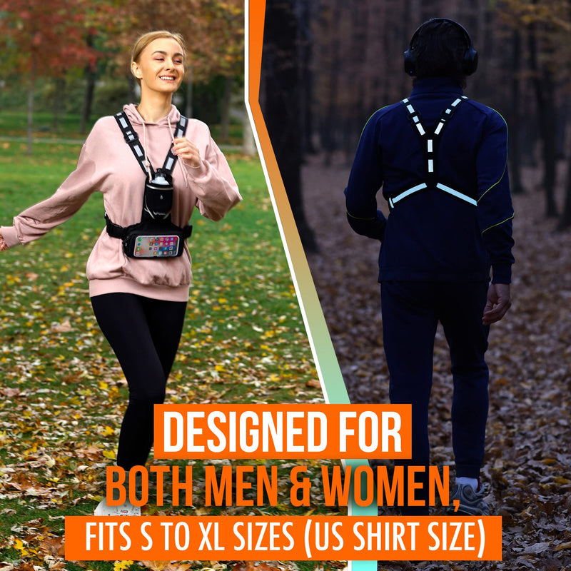 New Reflective Chest Pack Bag w/12 oz. Water Bottle and Touchscreen Ready Clear Window - iPhone/Android Phone Holder - Night Gear Vest w/360° High-Viz for Jogging, Walking, Hiking, Workouts, Cycling! Stylish Black - BeesActive Australia