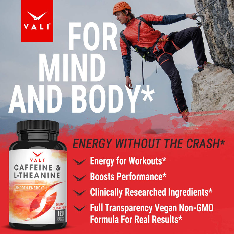 VALI Caffeine 50mg & L Theanine 100mg - Caffeine Pills & L-Theanine for Smart Smooth Energy & Focus Supplement. Nootropic Brain Booster Cognitive Support Stack & Focused Clarity. 120 Veggie Capsules - BeesActive Australia