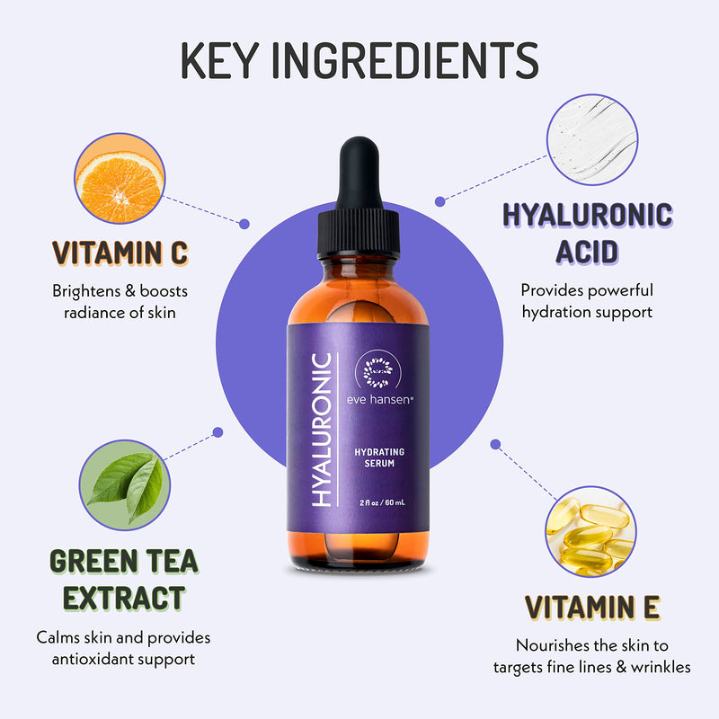 Eve Hansen Hyaluronic Acid Serum for Face (2 oz) | Hydrating Face Serum with Vitamin C + E, Wrinkle Filler, Moisturizer, and Natural Plumper | Cruelty Free, Vegan Anti Aging Serum 2 Fl Oz (Pack of 1) - BeesActive Australia