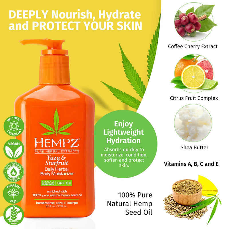 Hempz Yuzu & Starfruit Daily Herbal Lotion with Broad Spectrum SPF 30 - Fragranced, Paraben-Free Sunscreen and Moisturizer with 100% Natural Hemp Seed Oil for Women - Premium Skin Care Products 8.5 Fl Oz (Pack of 1) - BeesActive Australia