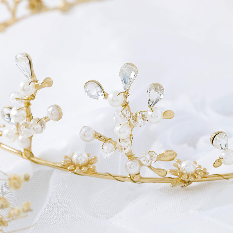 Edary Wedding Rhinestones Crowns Bridal Crystal Tiara Pearl Headpiece Gold Hair Accessories for Brides and Bridesmaids - BeesActive Australia