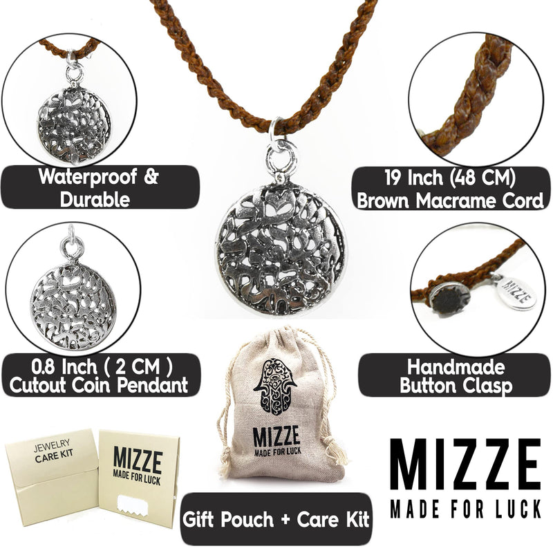 Silver Daily Prayer Cutout Coin Pendant on 19" Brown Macrame Cord Necklace for Men and Women - Spiritual Hebrew Charm Shema Jewelry from Israel for Birthday Anniversary Valentines Gift - BeesActive Australia