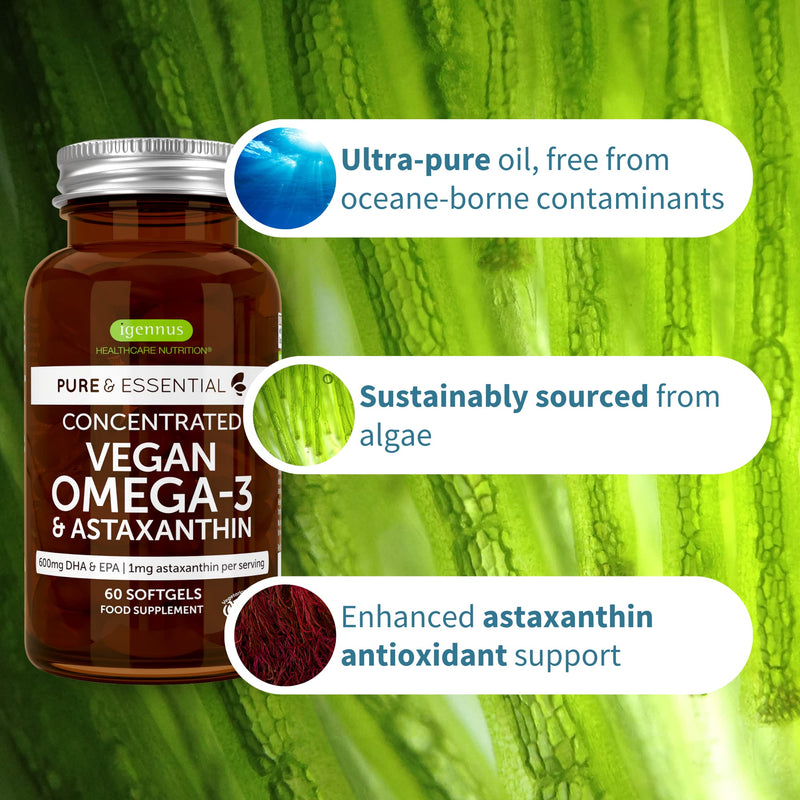Vegan Omega 3 Algae Oil & Astaxanthin, 1344mg Omega 3, 60 Softgels, EPA & DHA 600mg Omega 3 Fatty Acids Supplements, Pure & Sustainable Algae Oil Omega-3, 30 Servings, by Igennus 60 Count (Pack of 1) - BeesActive Australia
