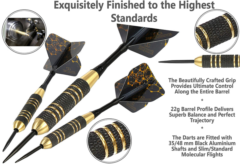 CC-Exquisite Professional Steel Tip Darts Set - 6 x 22g Brass Barrels with 12 Flights Standard/Slim, 12 Aluminum Shafts 35/48mm, 12 O-Rings, Dart Tool, Dart Sharpener and Case (Black & Gold) - BeesActive Australia