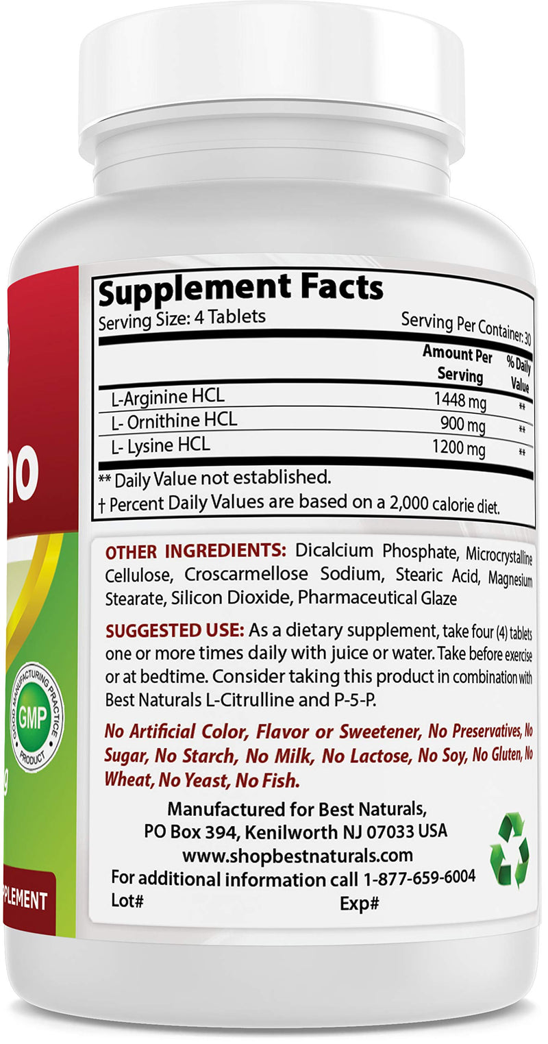 Best Naturals Tri-Amino with L-Arginine, L-Ornithine, L-Lysine 120 Tablets (120 Count (Pack of 1)) 120 Count (Pack of 1) - BeesActive Australia
