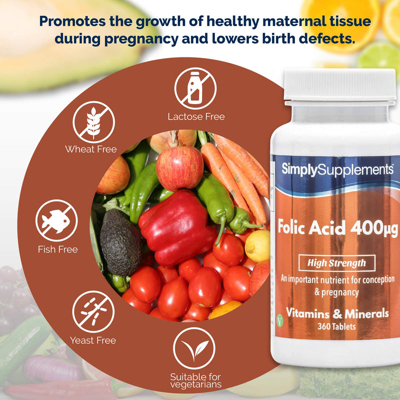 Folic Acid (Vitamin B9) 400mcg | 360 Tablets = Up to 1 Year Supply | Vegan & Vegetarian Friendly | Pregnancy Care | Manufactured in The UK - BeesActive Australia