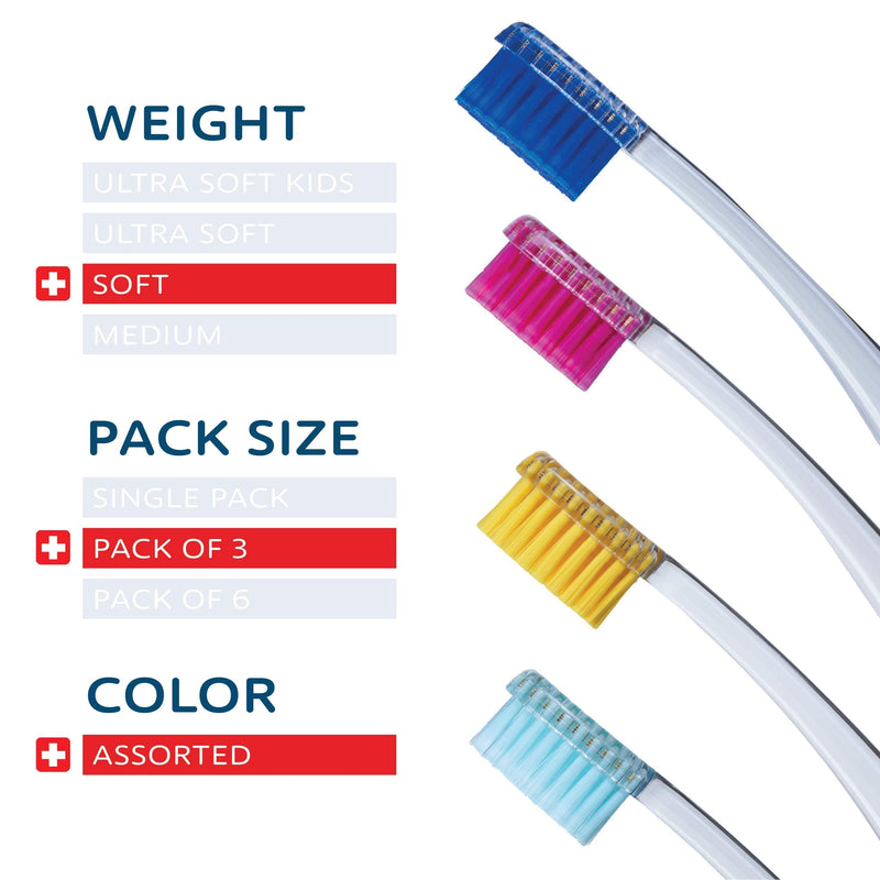 Tello 4920 Adult Soft Swiss Toothbrush for Gentle Cleaning with Ergonomic Handle, 3 Count - BeesActive Australia