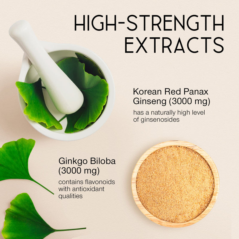 Panax Korean Ginseng Tablets - 6000mg Red Ginseng and Ginkgo Biloba - Supplements for Men & Women - High Strength 20% Ginsenosides Standardised - 60 Herbal Capsules - Premium Ginseng Root - UK Made - BeesActive Australia