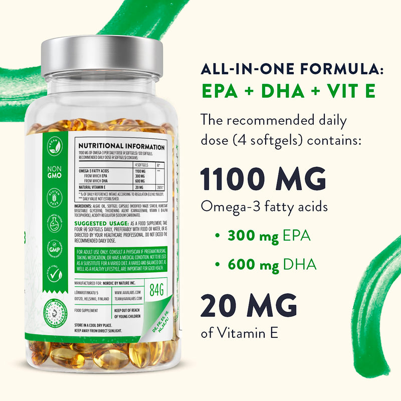 Premium Vegan Omega 3 High Strength [ 1100 mg ] - 600 mg DHA and 300 mg EPA per Daily dose of 4 Vegan Omega 3 Capsules- 120 Omega 3 Vegan - with Vitamin E - from Sustainable Plant-Based Algae Oil - BeesActive Australia