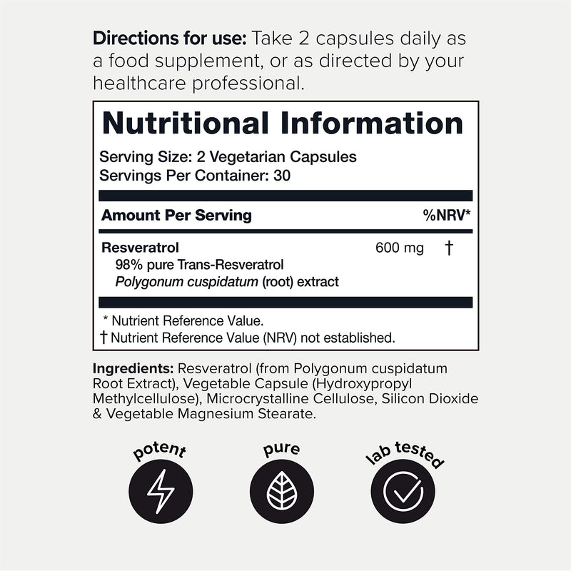Ultra High Purity Resveratrol Capsules - 98% Trans-Resveratrol - Highly Purified and Highly Bioavailable - 60 Caps Reservatrol Supplement - BeesActive Australia