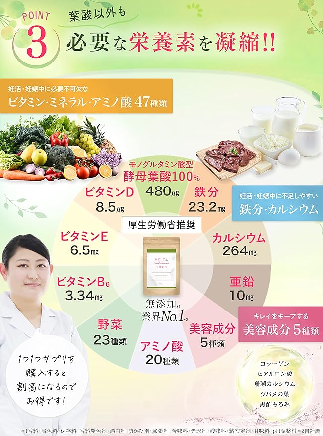Folic acid 480μg Pregnancy Pregnancy Supplement Iron Zinc Calcium Vitamin DE B6 Minerals Amino acids Vegetables Beauty ingredients Trial 60 tablets (15 days supply) Belta folic acid - BeesActive Australia