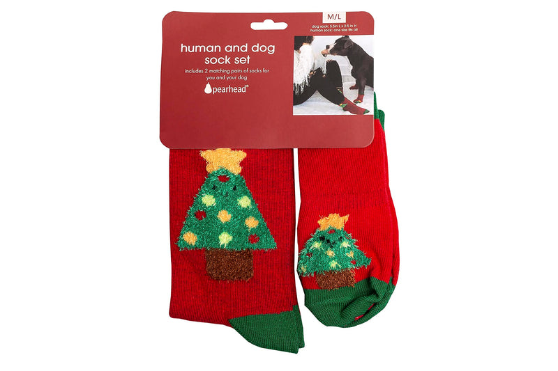Pearhead Matching Human and Dog Apparel, Christmas Socks Set for dog and Owner, Green and Red Christmas Tree Dog Socks and Adult Socks Christmas Tree Human & Dog Sock Set - BeesActive Australia