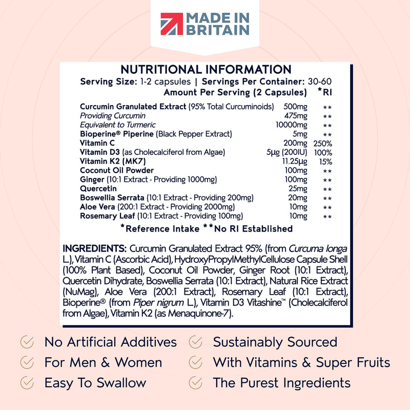Powerful Curcumin 95 & BioPerine - Turmeric Capsules High Strength with Black Pepper - High Absorption 95% Curcuminoids - With D3, K2, Coconut & Botanicals - 60 Capsules (not tablets) - Made in The UK - BeesActive Australia