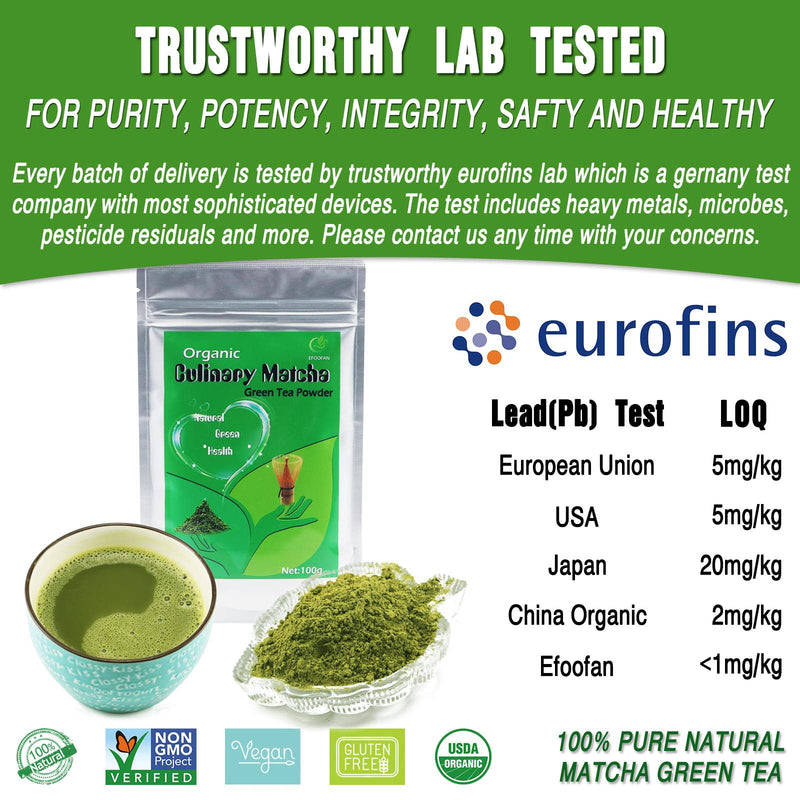 EFOOFAN Organic Matcha Green Tea - Culinary Grade (3.5OZ) - Japanese Sencha Tea Flavor - Shade Grown & First Harvest - Suit for Cooking, Baking, Blends or Latte 3.52 Ounce (Pack of 1) - BeesActive Australia