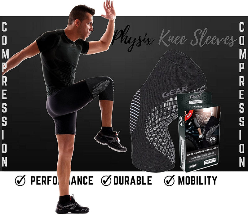 Physix Gear Sport Knee Support Brace - Best No-Slip Knee Braces for Knee Pain Women & Men, Compression Knee Sleeves for Running Workout Walking Hiking Sports Arthritis ACL Torn Meniscus Medium | 17"-19.5" Black/Grey (Single) - BeesActive Australia