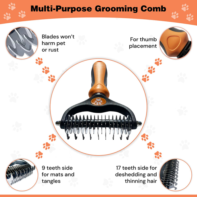 Pret & Lively 2 in 1 Pet hair Dematting Tool, Tough Mats and Tangles, Undercoat Rake Comb, Dogs, Cats, Rabbits, & All Hairy Pets, Holiday Gift, Professional Grooming Brush For Deshedding, Extra Wide Orange - BeesActive Australia