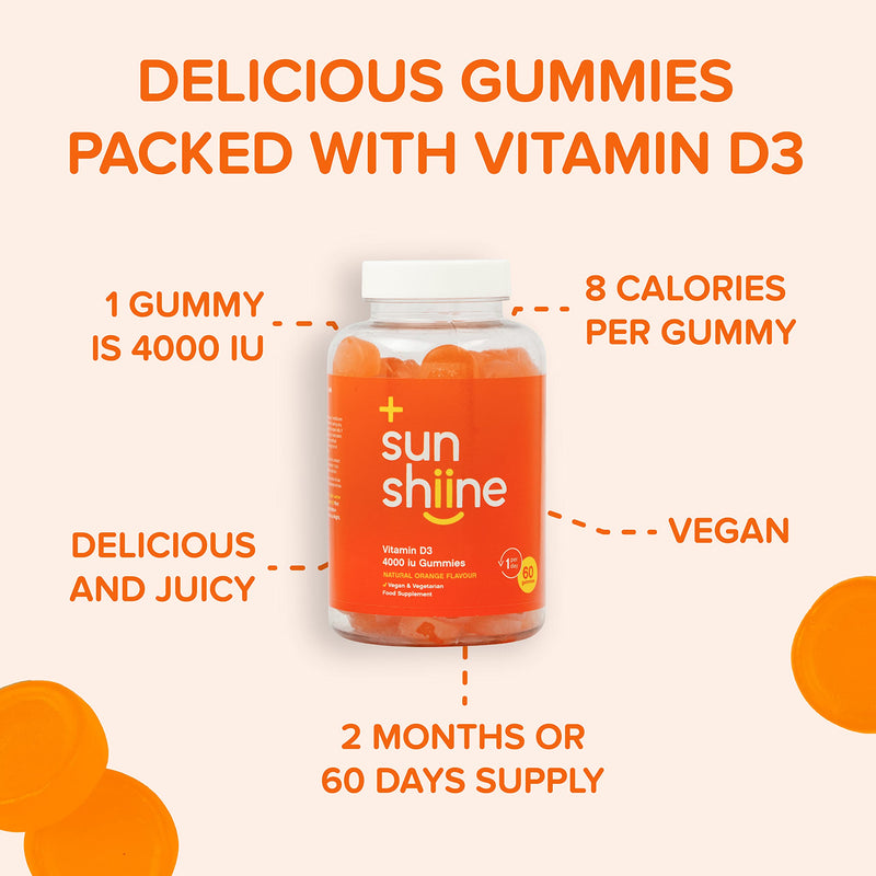 Sunshiine Vegan Vitamin D3 4000 IU Gummies - Vitamin D Important for Immunity & Bones - Vitamin D3 Chewable Gummies 60 Count - Vitamin D Gummies for Adults and Children Above Age 11, Orange Flavour - BeesActive Australia