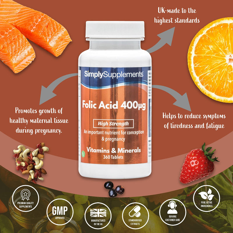 Folic Acid (Vitamin B9) 400mcg | 360 Tablets = Up to 1 Year Supply | Vegan & Vegetarian Friendly | Pregnancy Care | Manufactured in The UK - BeesActive Australia