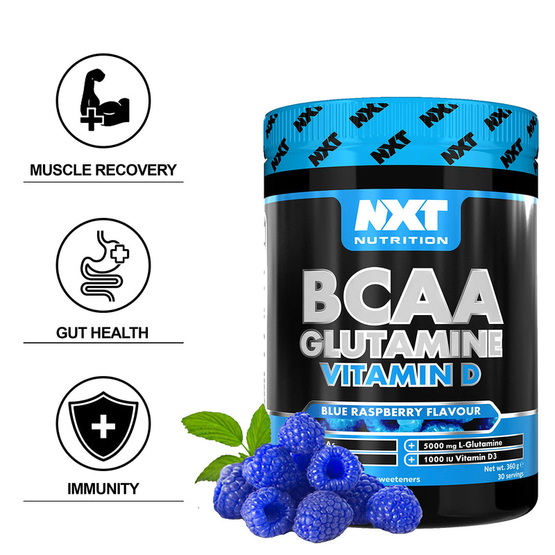 NXT Nutrition BCAA, Glutamine & Vitamin D | BCAAs Amino Acids with Vitamin D3 and L-Glutamine - for Recovery, Gut Health and Muscle Protein Synthesis | 360g - 30 Servings (Blue Raspberry) - BeesActive Australia