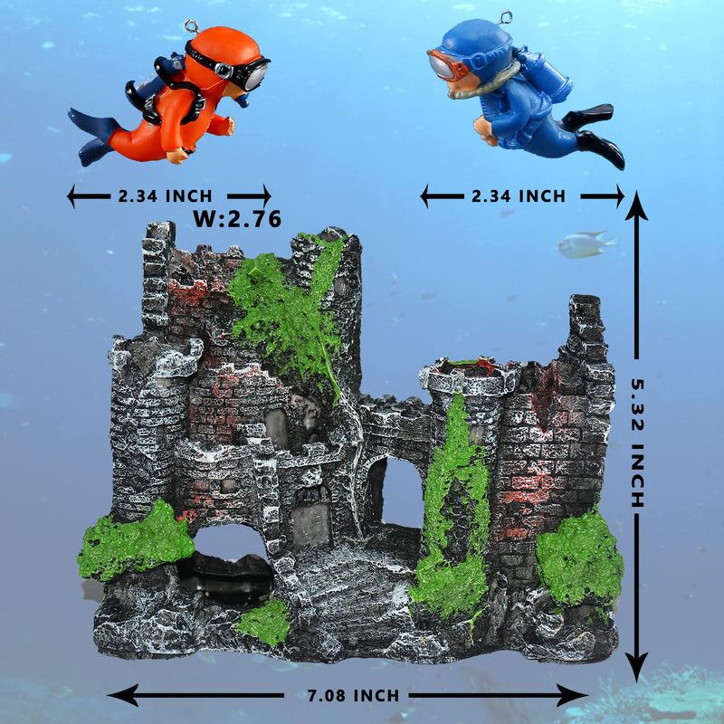 Set Including Castle,Submarine,Sunken Ship,Conch & Mushroom House and 2 Diver Floating Figure for Saltwater Fish Tank Aquarium Resin Ornament Decoration Castle+2Diver - BeesActive Australia