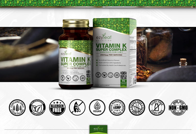 Ezyleaf Vitamin K Super Complex | Vitamin K2 MK7 - Vitamin K2 MK4 - Vitamin K1 | 2600�g per Capsule | 90 Vitamin K2 MK-7 Vegan Capsules | Non-GMO, Allergen Free Formula with Vitamin C | Made in the UK - BeesActive Australia