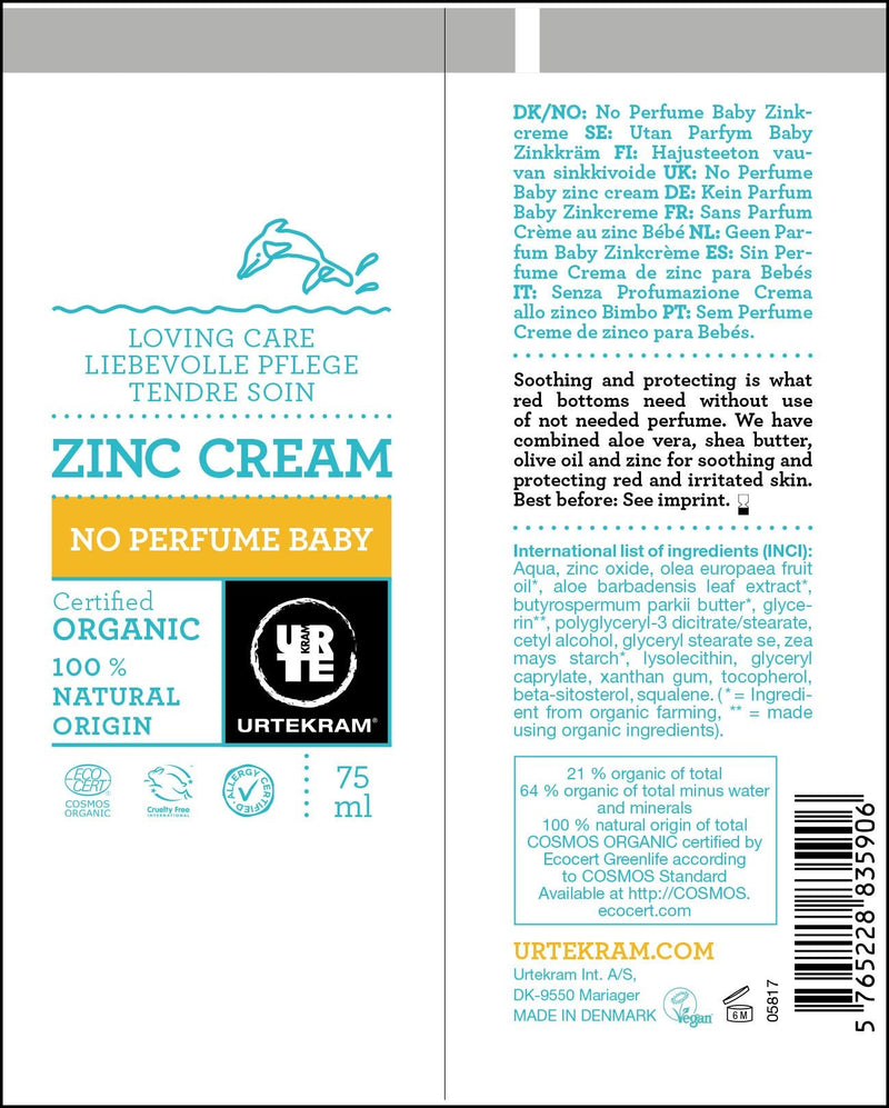 Urtekram Zinc Cream - No Perfume - Baby - Sensitive Skin - 75 ml. Vegan, Organic, Shea Butter, Natural Origin - BeesActive Australia