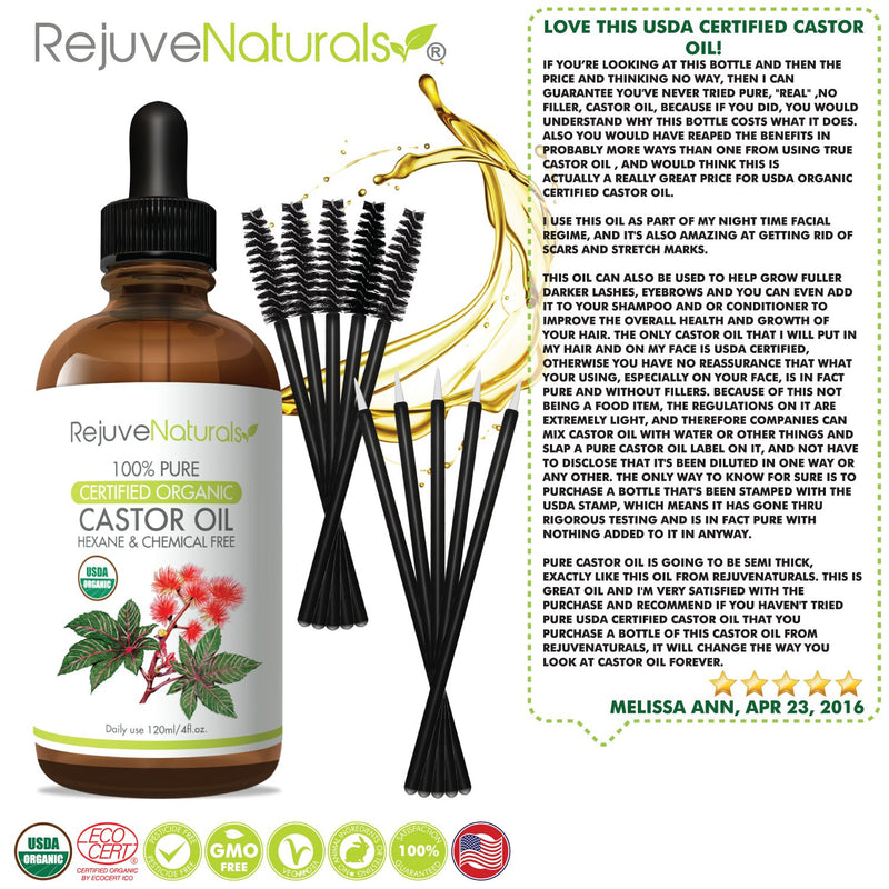 Organic Castor Oil - Boost Hair Growth for Hair, Eyelashes & Eyebrows. USDA Certified Organic, 100% Pure, Cold Pressed, Hexane Free. Eyelash Growth Serum & Brow Treatment with Applicator Kit - BeesActive Australia